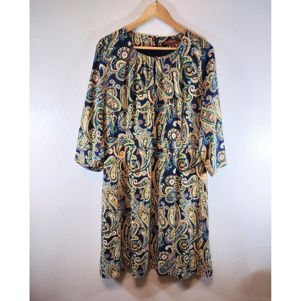 Bold Paisley Print 3/4 Sleeve Liz Claiborne Collection Lined Dress Size 16